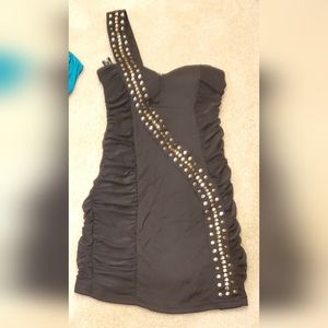 Womens Ruched Dress One Shoulder Strap Sexy Black Studded